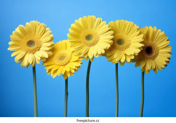 five yellow flowers on blue background