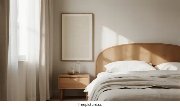 Cozy minimalist bedroom with wooden headboard and natural light