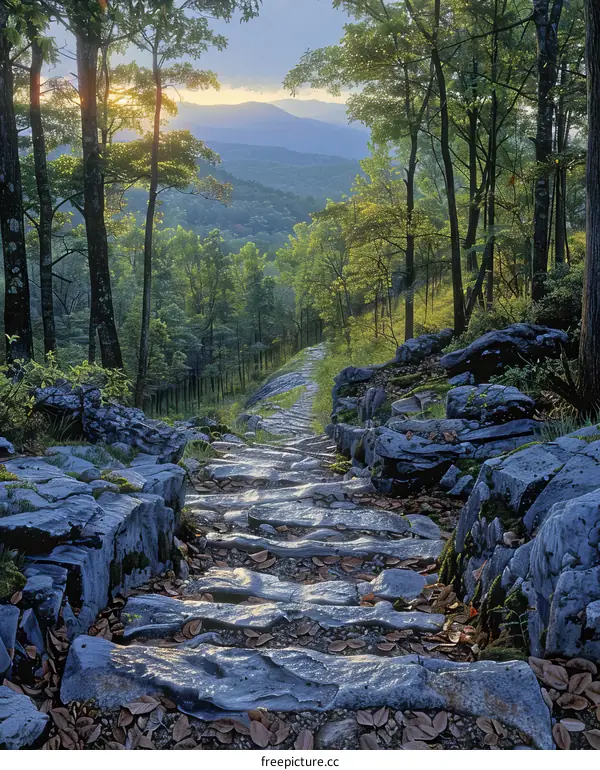 Rocky path through a dense forest