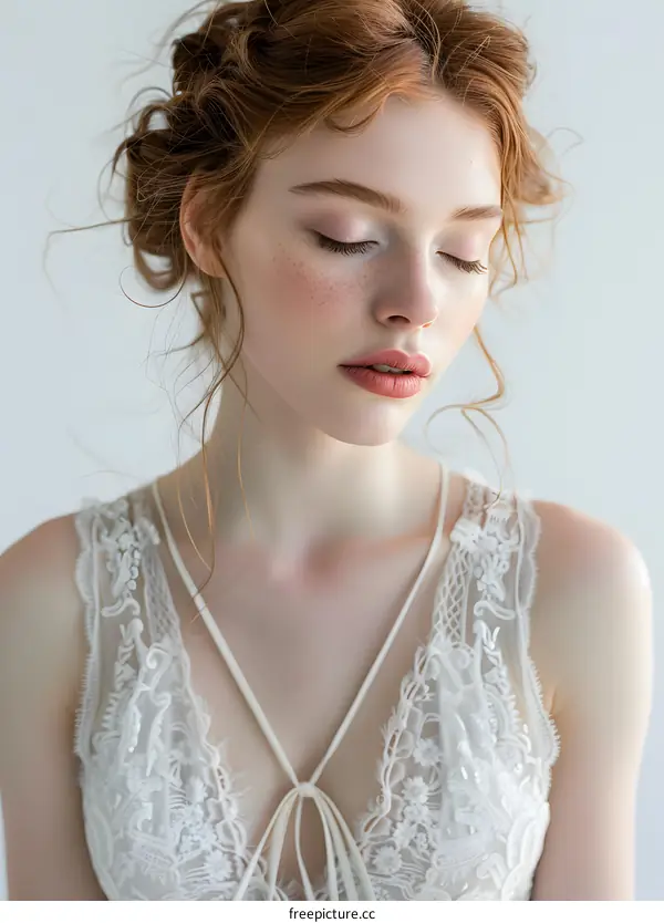 Portrait of a Woman with Red Hair and Freckles Wearing a White Lace Top