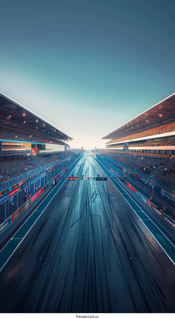 A long and empty racetrack with a clear blue sky
