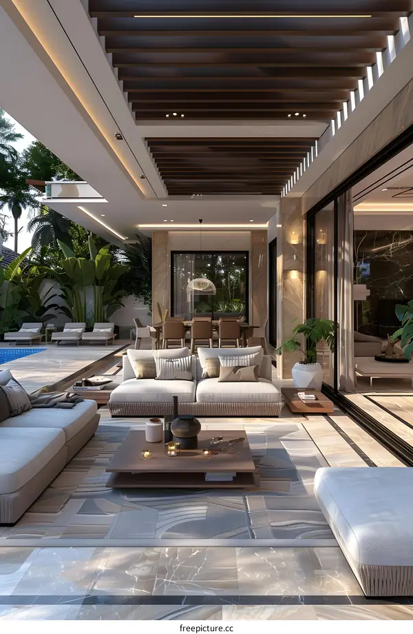 Modern Luxury Patio Design with Pool and Wooden Pergola