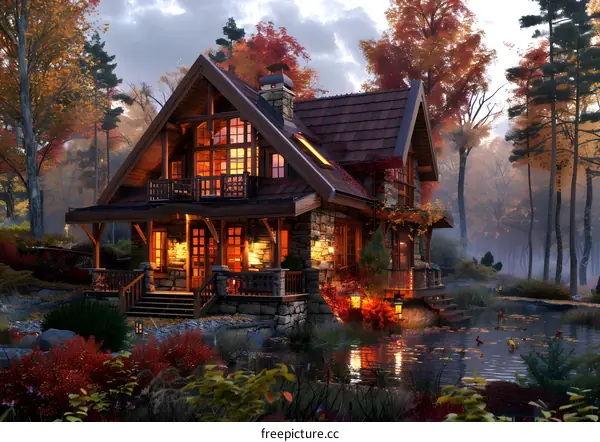 Autumn Cabin With Pond In Forest