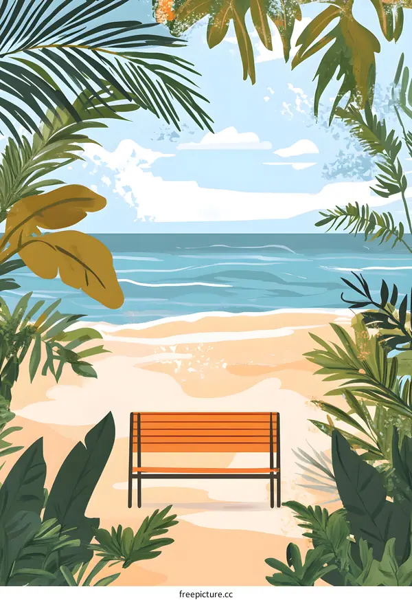 Tropical Beach Illustration with Bench