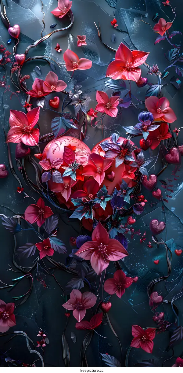 A dark and唯美 heart绽放的花朵