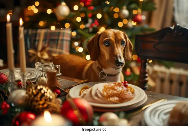 dachshund dog sitting at a table set for Christmas dinner