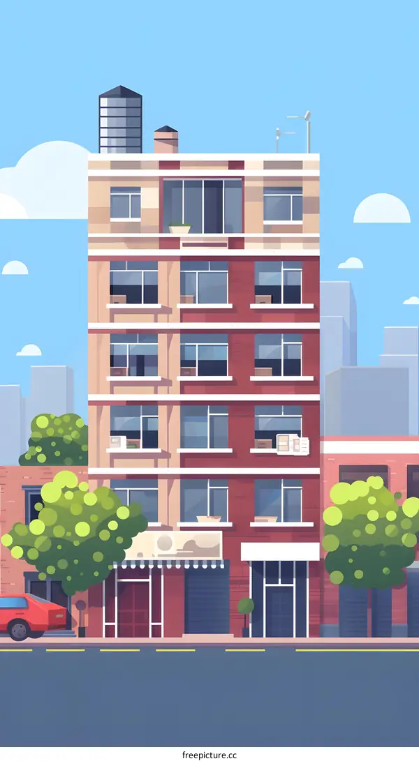 Flat Design Illustration of a Building with Windows and a Shop on the Ground Floor