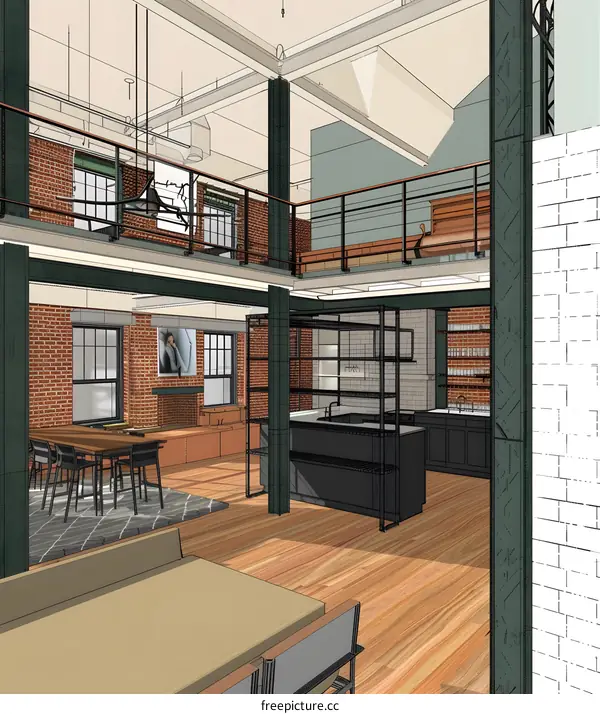 Modern Loft Interior Design with Exposed Brick Walls and Open Kitchen