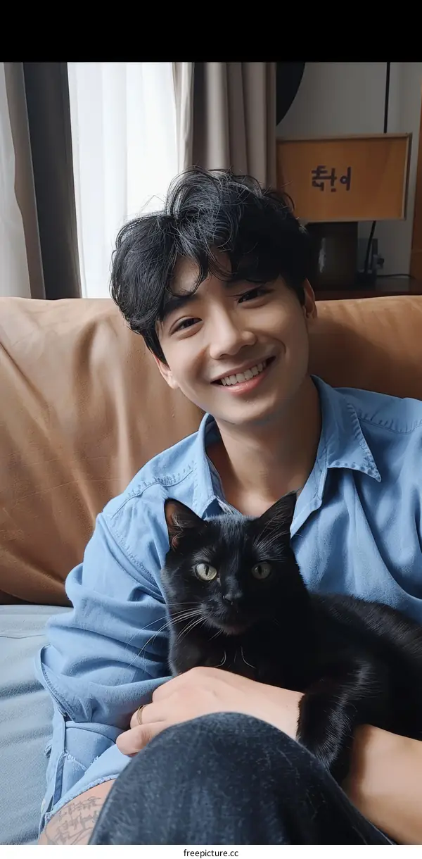 A smiling young man with a black cat on his lap