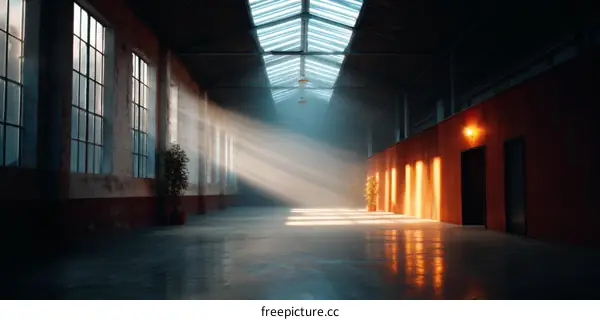Industrial Warehouse Interior with Sunlight Beams