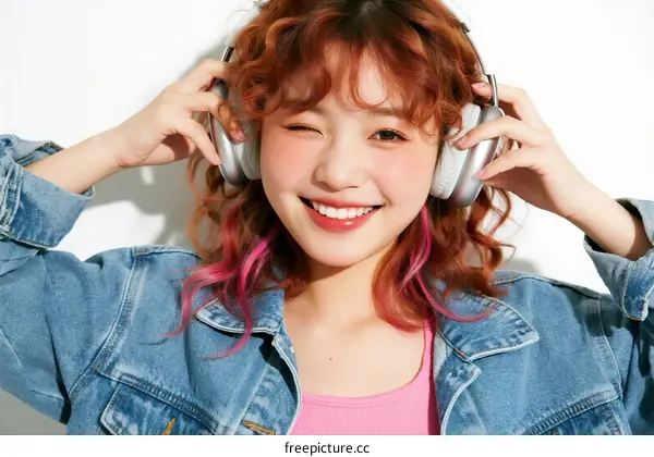 Young Asian Woman with Curly Hair Wearing Headphones