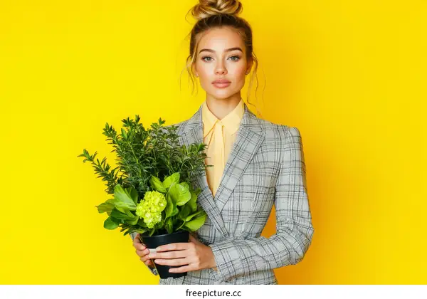 Stylish Woman Holding Plants in Front of Yellow Background