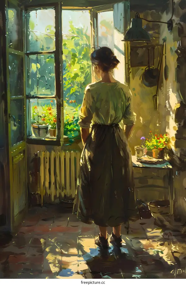 A woman standing in a sunlit kitchen looking out the window