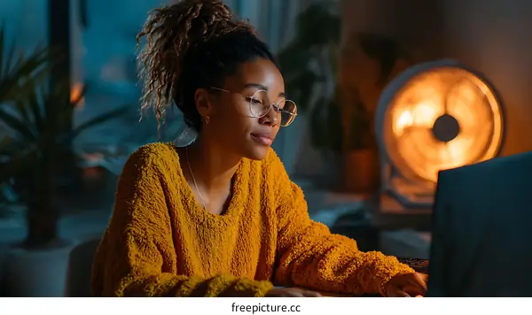 Focused Woman Working Late at Night