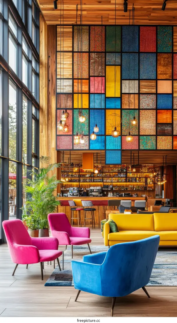 Colorful Lobby with Geometric Patterned Wall
