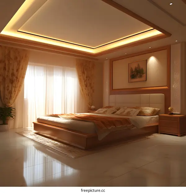 Modern Bedroom Design with Wooden Bed and White Ceiling