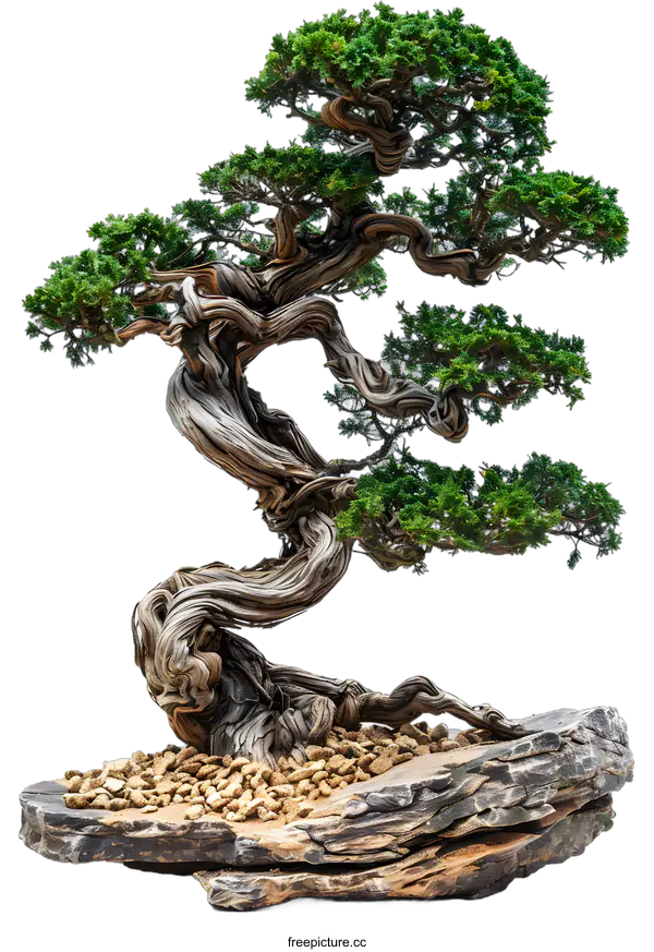 [Transparent Background PNG]A twisted juniper bonsai tree with green leaves and gnarled trunk