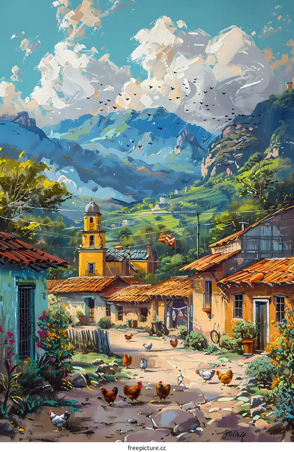 Mountain Village Painting With Chickens And Blue Sky
