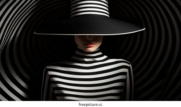 Black and white striped pattern with woman wearing a hat of the same pattern