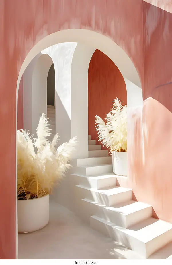 Minimalist White Stairs and Arched Passageway with Pink Wall