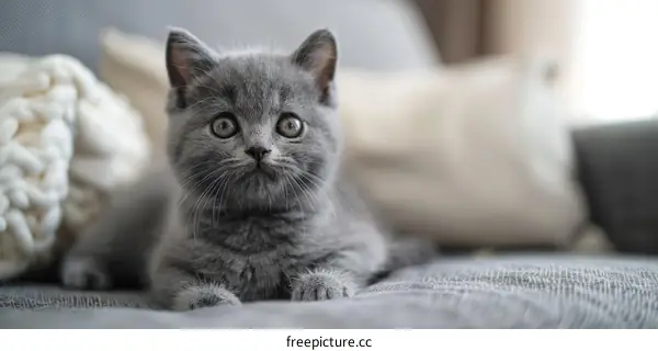A cute gray kitten is sitting on a gray sofa