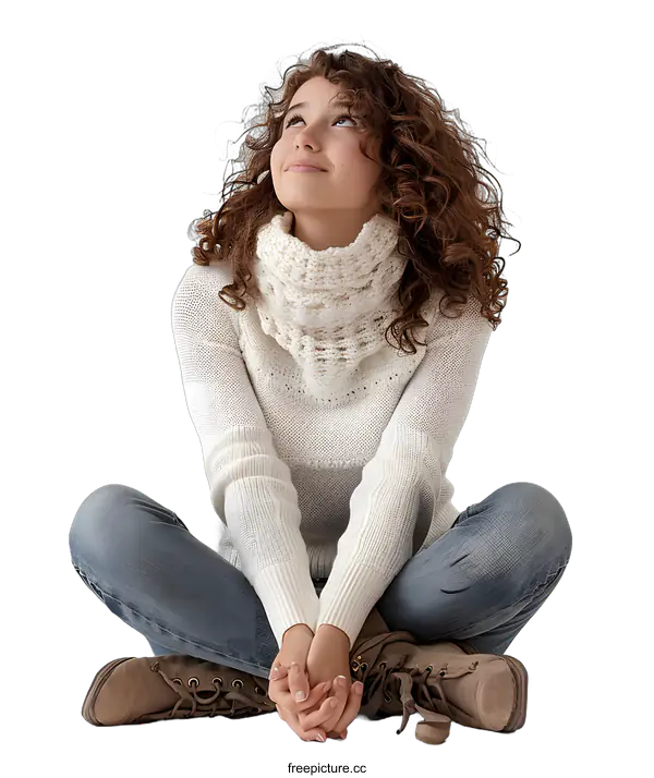 [Transparent Background PNG]Young Girl Sitting on White Background