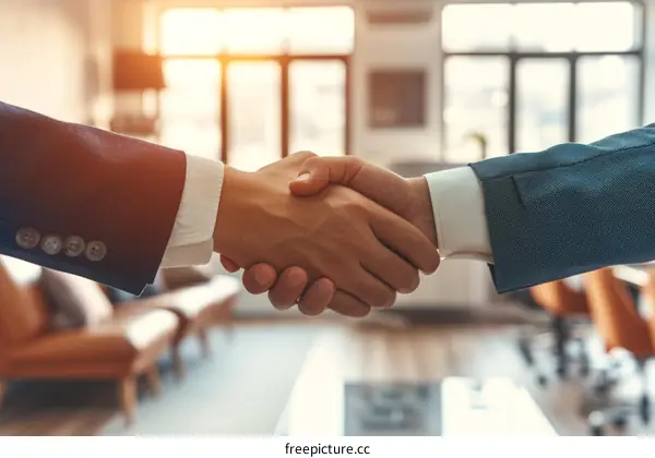 Businessmen shaking hands in agreement with blurred background