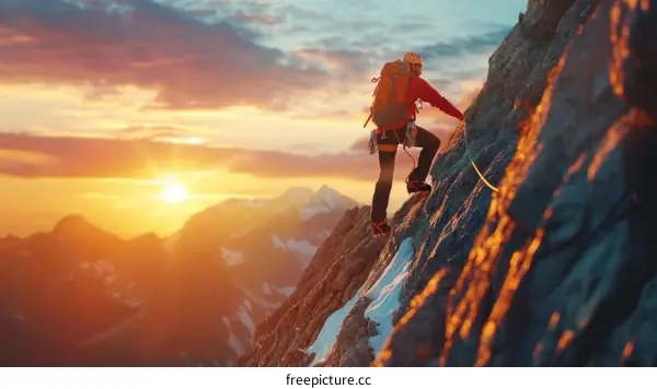 A mountain climber scales a rock face with a beautiful sunset in the background