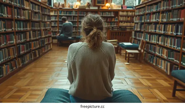 Female student sitting on the floor of a library with a male student sitting in the background