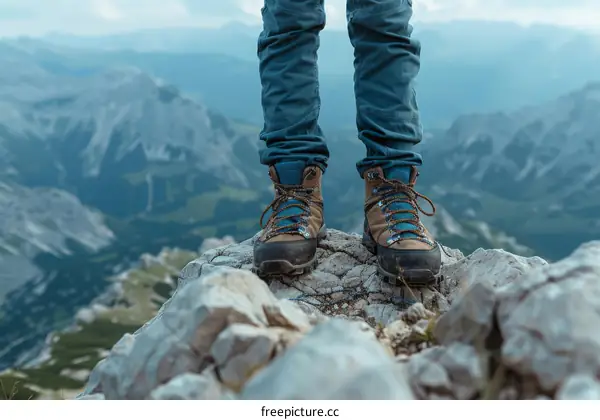 A person standing on a rock in the mountains