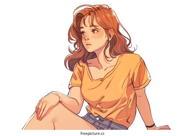 Cute Girl with Brown Hair Wearing Yellow T-shirt