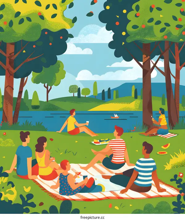 Group of Friends Having Picnic by the Lake in Summer