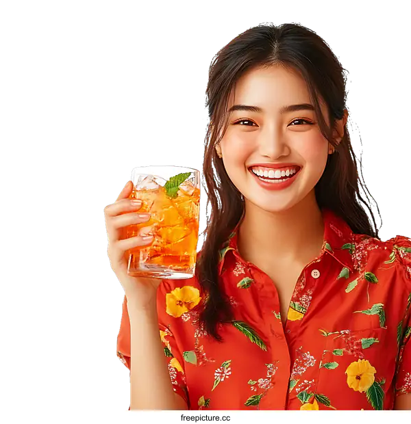[Transparent Background PNG]Asian Woman Enjoying a Refreshing Drink
