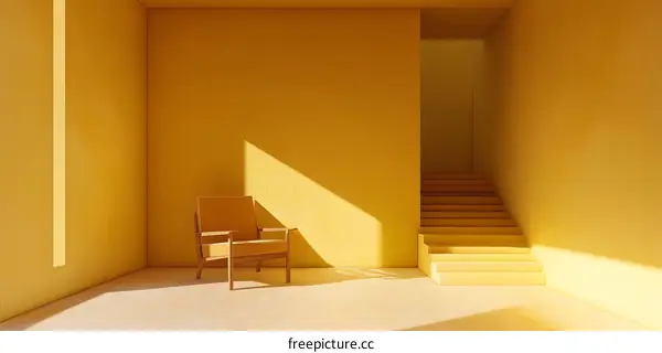 Minimalist Yellow Room Interior Design with Chair and Stairs