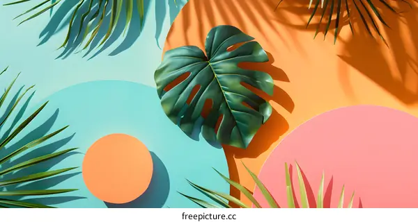 Tropical Leaf  Minimal Background with Colorful Circles and Shadows