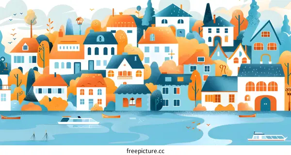 Cute Houses by the River in Autumn