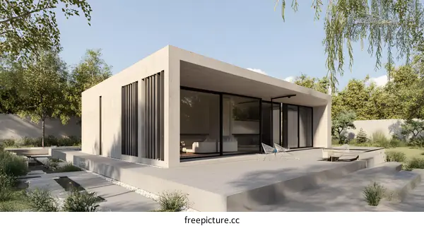 Modern Concrete House with a Pool and Garden