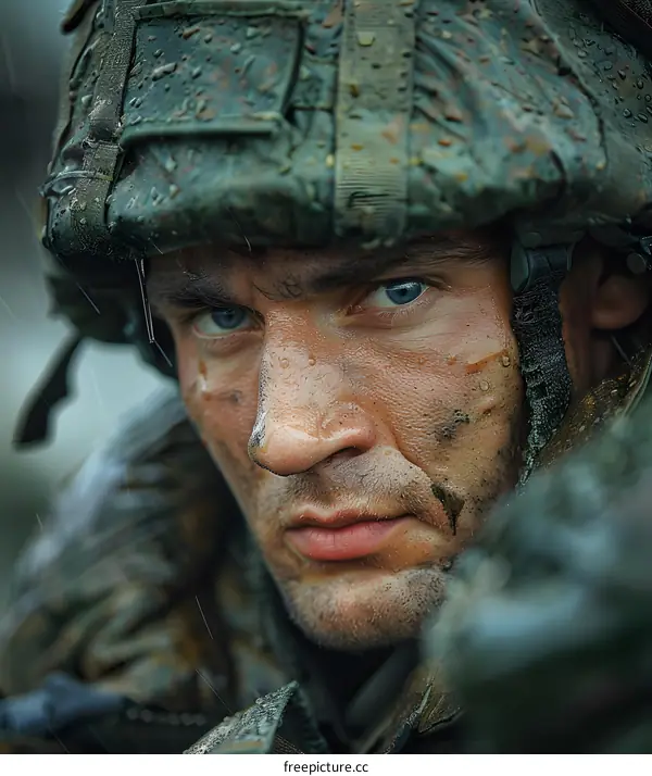 Portrait of a soldier in the rain