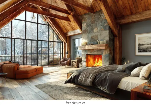 Rustic Cabin Bedroom with Fireplace and Snowy Views