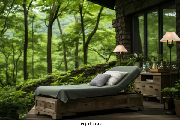 A wooden chaise lounge sits on a deck in the woods.