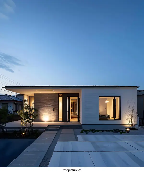 Modern Japanese House with Brick Wall and Large Windows at Night