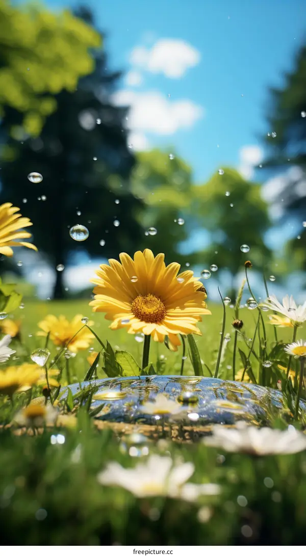 Yellow flower in the meadow with water droplets