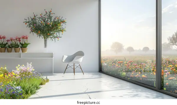 Modern Interior Design with Large Windows and Bright Flower Field Outside
