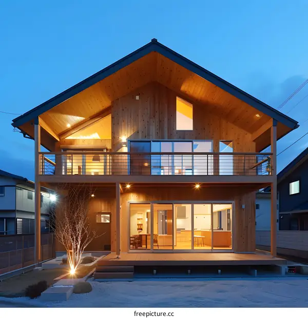 Modern Wooden House with Large Windows and Balcony