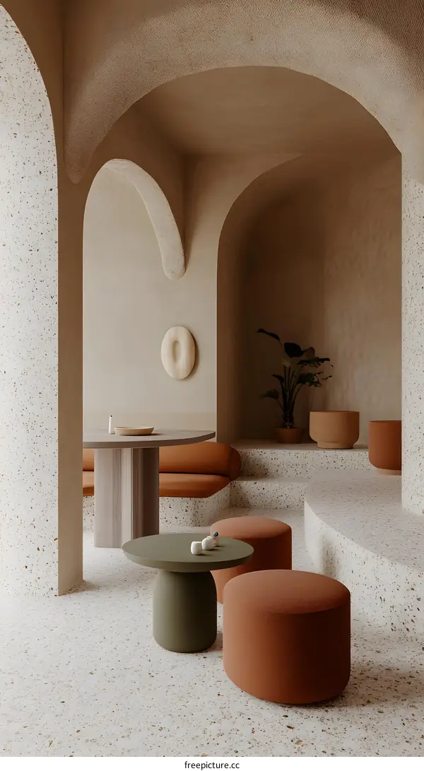 Modern Interior Design with Arched Walls and Terrazzo Floor