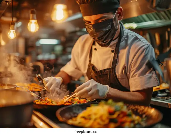 Chef wearing a mask and gloves cooking in a restaurant kitchen