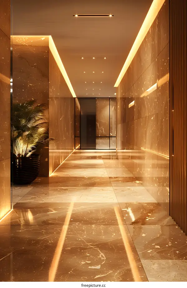 Luxury Interior Design Hallway With Marble Walls and Golden Lighting