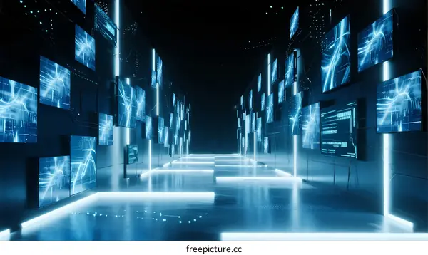 Futuristic Data Center with Illuminated Digital Screens and Glowing Pathways