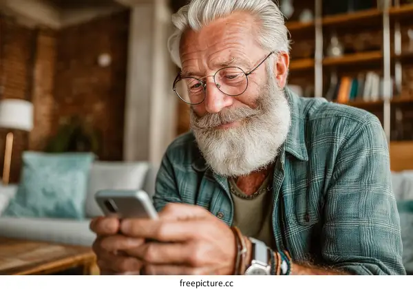Senior Man Using Smartphone at Home