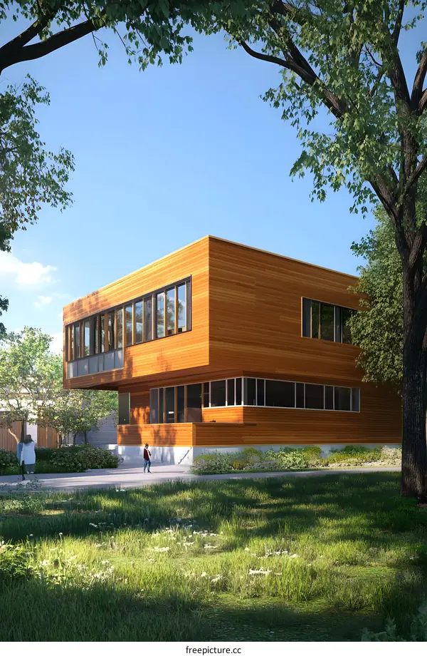 Modern Wooden House with People Walking in Front of it